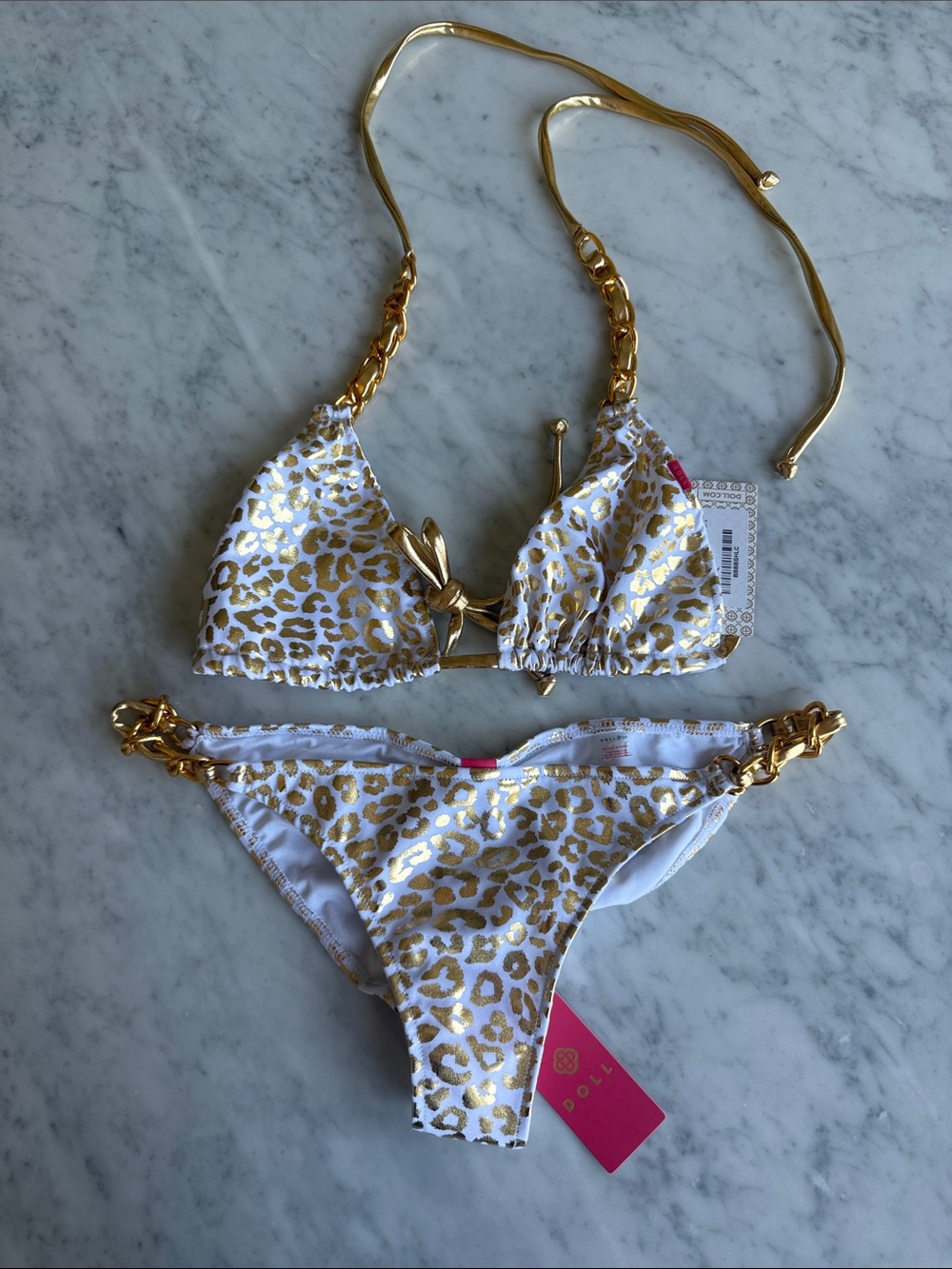 Doll Gold Leopard Print Bikini on a Chain Set NWT - Picture 5 of 7